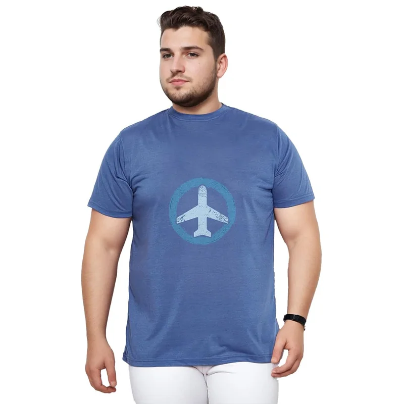 نوبيرو Men's Blue Printed Cotton T-Shirt for Plus Sizes