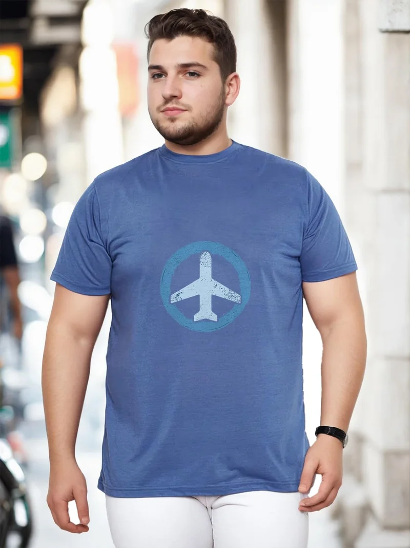نوبيرو Men's Blue Printed Cotton T-Shirt for Plus Sizes