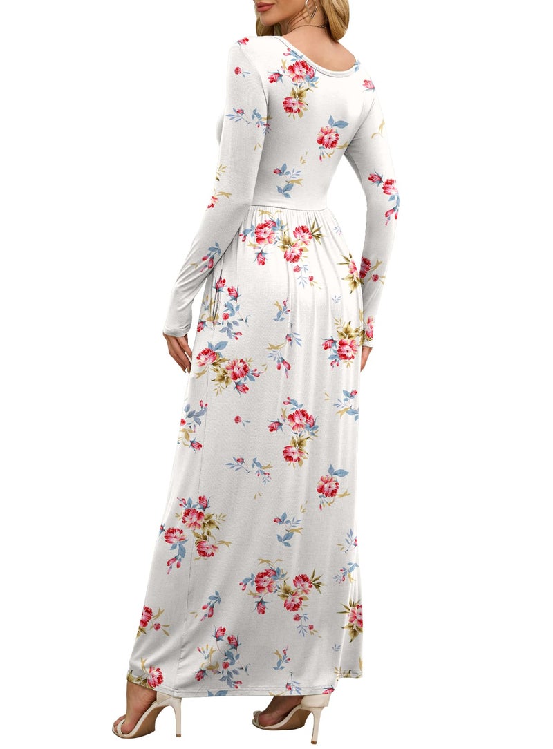 DEARCASE Maxi Dress for Women Flower White X-Large Round Neck Boho Long Sleeves Teacher A-line Casual Hawaiian Empire Waist Flowy Party Vintage Spring Fall Winter Floor Dresses with Pocket - Image 2