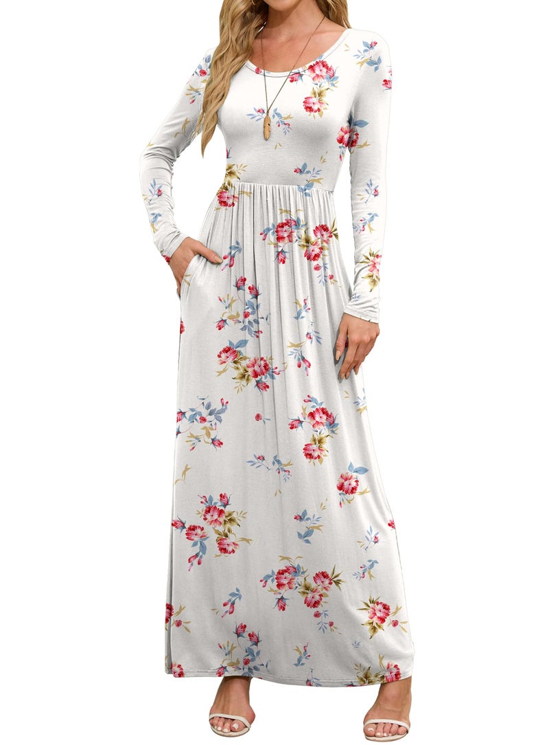 DEARCASE Maxi Dress for Women Flower White X-Large Round Neck Boho Long Sleeves Teacher A-line Casual Hawaiian Empire Waist Flowy Party Vintage Spring Fall Winter Floor Dresses with Pocket - Image 1