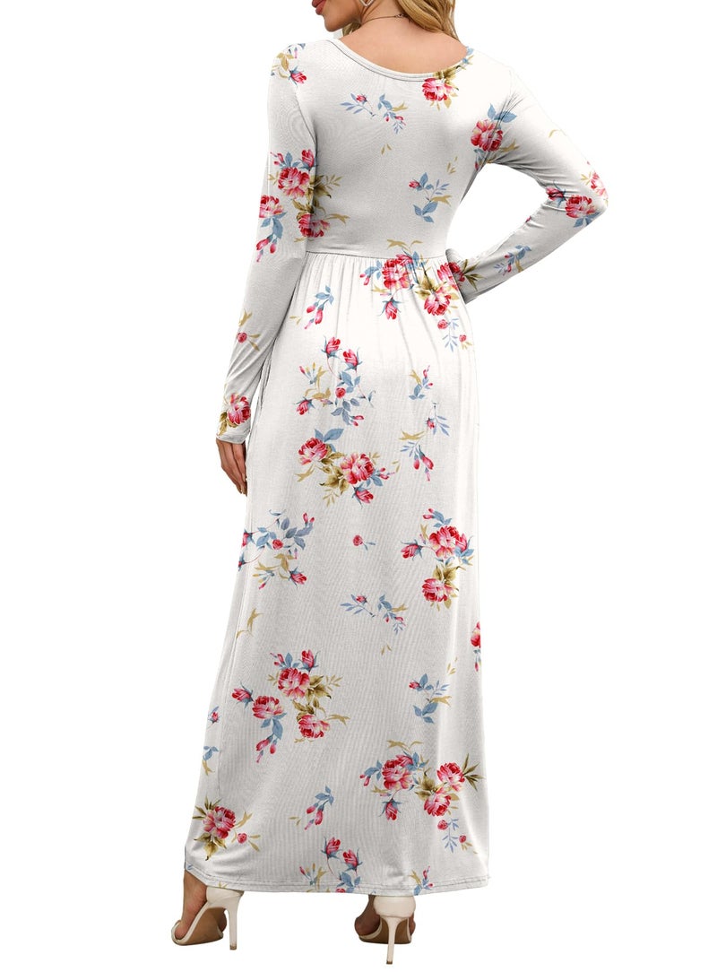 DEARCASE Maxi Dress for Women Flower White X-Large Round Neck Boho Long Sleeves Teacher A-line Casual Hawaiian Empire Waist Flowy Party Vintage Spring Fall Winter Floor Dresses with Pocket - Image 3
