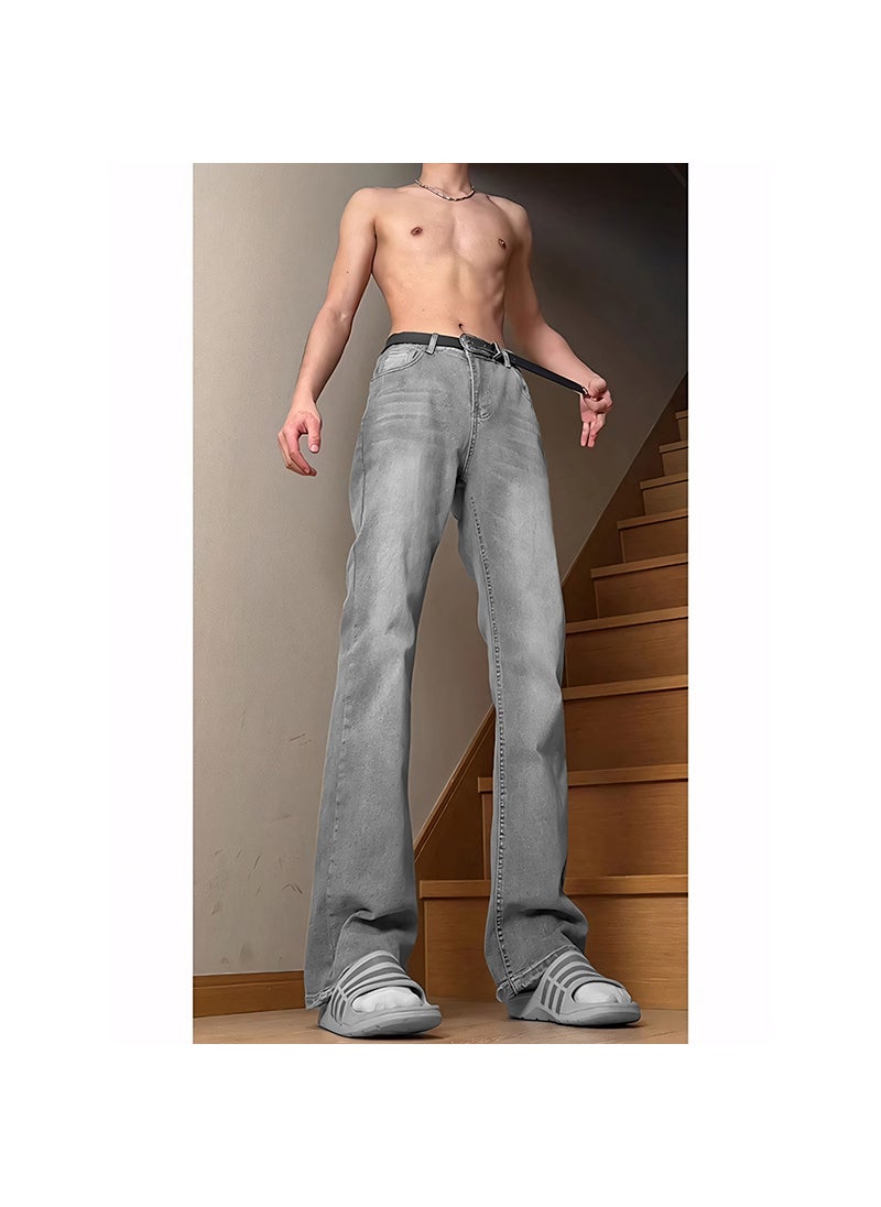 Generic All-Match Machete Micro Jeans Mens Summer Lacquer Pants American Style High Street Slim-Fit Slimming Straight Pants Cement gray [slightly flared trousers] 