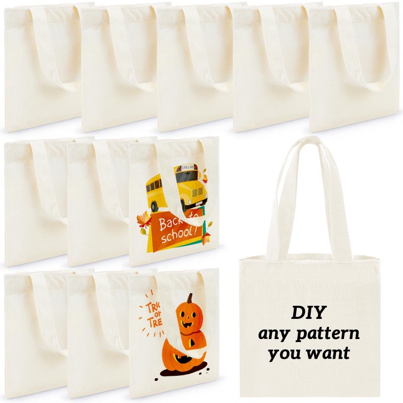 Amylove 12 Pcs Mini Tote Bag Sublimation Blank Canvas Tote Bags Reusable Grocery Luggage DIY Sack Goody for Party Even (10 x 10 Inch Natural Color) - Image 1