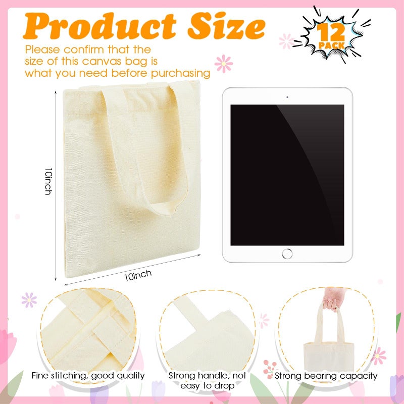 Amylove 12 Pcs Mini Tote Bag Sublimation Blank Canvas Tote Bags Reusable Grocery Luggage DIY Sack Goody for Party Even (10 x 10 Inch Natural Color) - Image 2