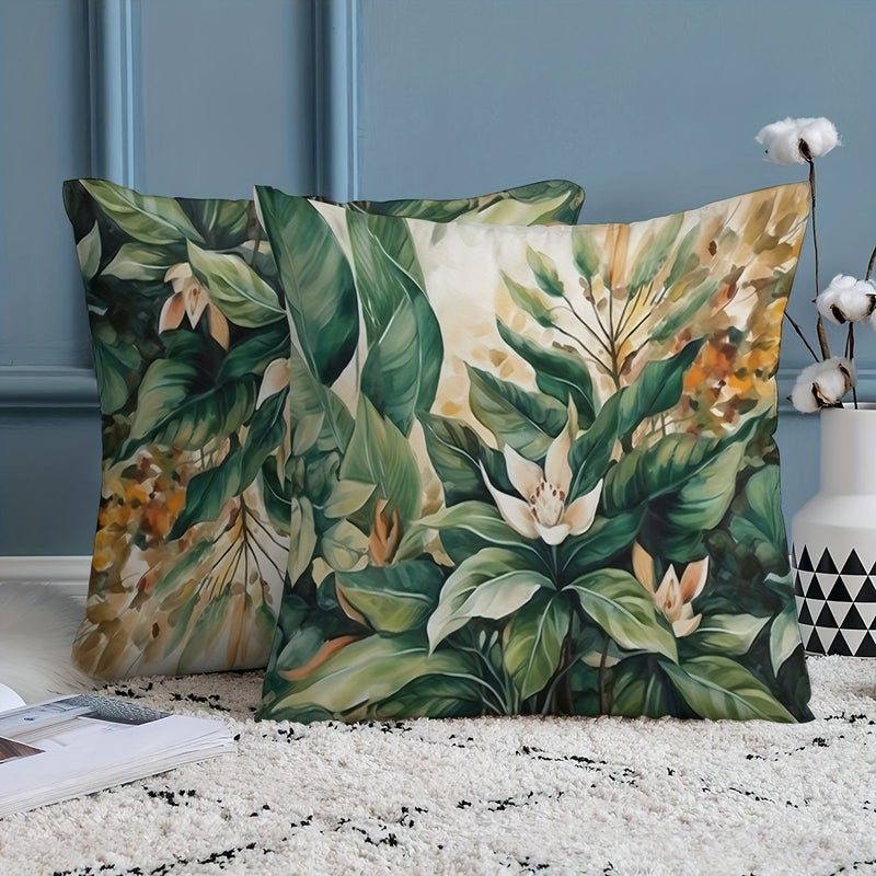 Set Of 2 Pillowcases With Floral And Green Leaf Design Vibrant Color Printing High Quality Short Plush Material Soft 18x18 Inch - Image 1
