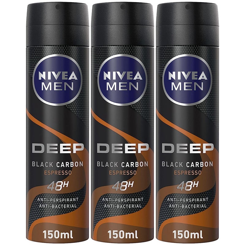 NIVEA MEN Antiperspirant Spray for Men, 48h Protection, DEEP Black Carbon Antibacterial, Espresso Scent, 3x150ml