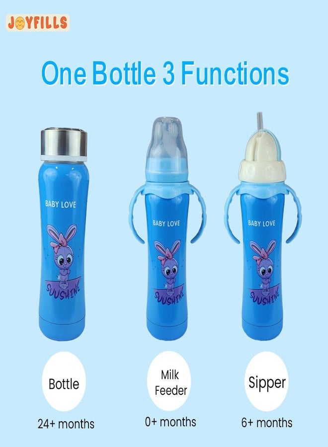 JOYFILLS 3-in-1 Stainless Steel Baby Feeding Bottle Set 240ml | Multi-Functional Milk, Water & Juice Sipper with Feeding Nipple & Straw | BPA Free | Leak Proof | for Newborn, Infant & Toddler - Image 2