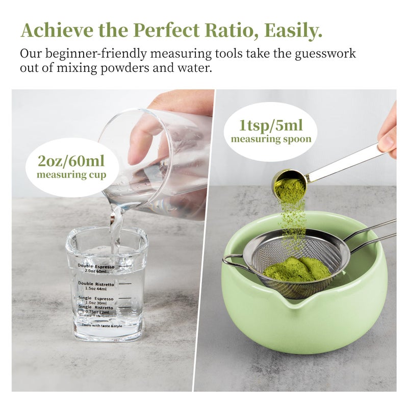 YIBO Matcha Whisk Set, Matcha Kit Bamboo Whisk and Ceramic Bowl with Spout & Measuring Spoon & Cup, Japanese Ceremony Matcha Tea Making Tools Green - Image 4