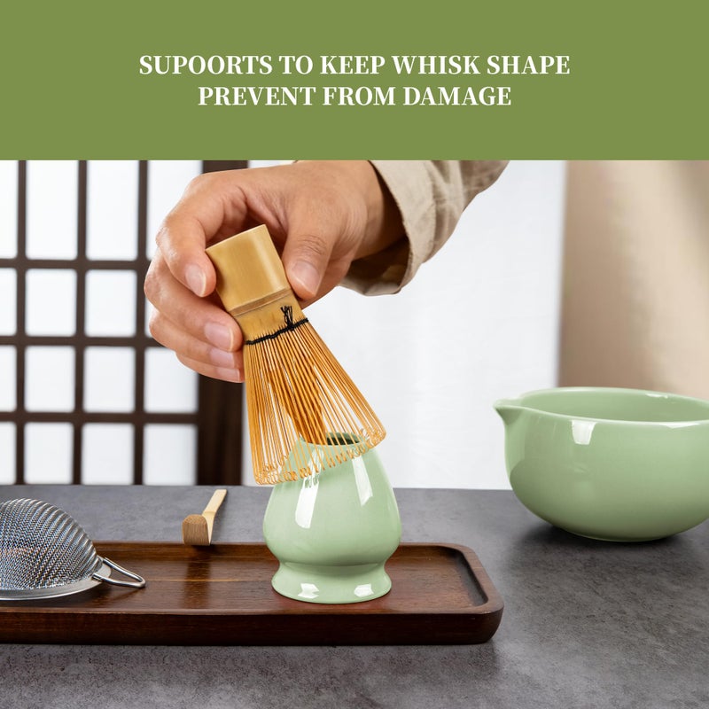 YIBO Matcha Whisk Set, Matcha Kit Bamboo Whisk and Ceramic Bowl with Spout & Measuring Spoon & Cup, Japanese Ceremony Matcha Tea Making Tools Green - Image 5