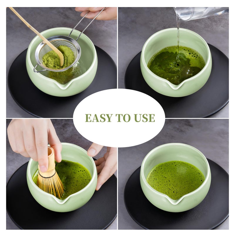 YIBO Matcha Whisk Set, Matcha Kit Bamboo Whisk and Ceramic Bowl with Spout & Measuring Spoon & Cup, Japanese Ceremony Matcha Tea Making Tools Green - Image 3