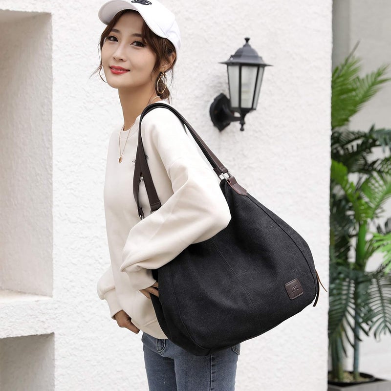 DOURR Store Women's Multi-pocket Shoulder Bag Fashion Cotton Canvas Handbag Tote Purse - Image 2