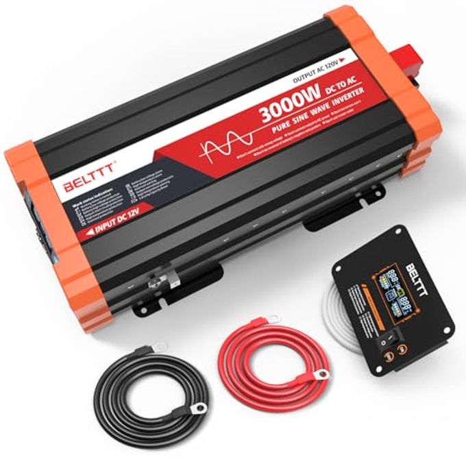 BELTTT 3000W Pure Sine Wave Inverter 12V Dc To 120V Ac For Solar, Off-Grid, Rv, Truck, Home, Power Inverter With Dual Ac, 20A Socket, 5V 2.1A Usb, Hardwire Port, Remote Controller 23Ft Cable - Image 1