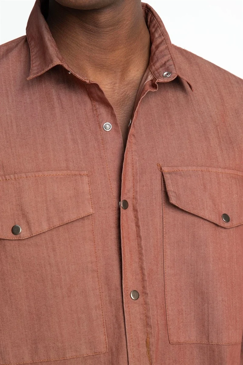 تودورس Relax Fit Comfortable Denim Piece Painted Double Pocket Flap Snap Fastener Men's Shirt