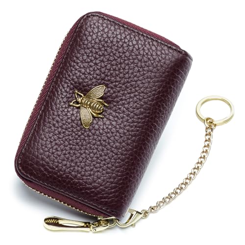 imeetu RFID Credit Card Holder, Small Leather Zipper Card Case Wallet with Keychain and ID Window for Women (Pro,Purple Coffee) - Image 1
