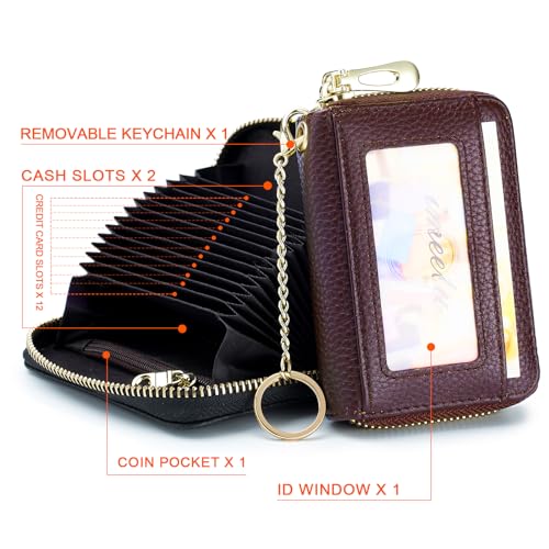 imeetu RFID Credit Card Holder, Small Leather Zipper Card Case Wallet with Keychain and ID Window for Women (Pro,Purple Coffee) - Image 3