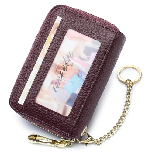 imeetu RFID Credit Card Holder, Small Leather Zipper Card Case Wallet with Keychain and ID Window for Women (Pro,Purple Coffee) - Image 2