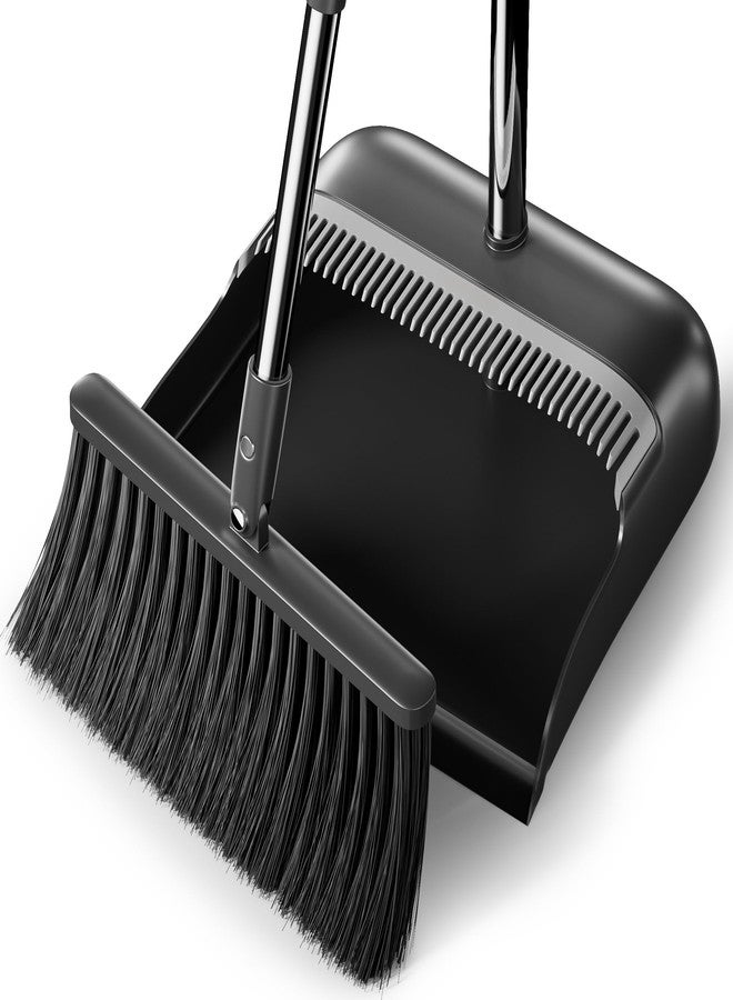 Spreezy Broom with Dustpan Combo Set, 52" Long Handle Standing Dustpan Set, Upright Dustpan with Cleaning Teeth, Indoor Outdoor Home, Office, Black-Gray - Image 1