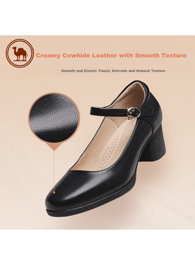 CAMELJEANS Camel Brand Women's Shoes Cowhide Soft Thick-heeled Casual Single Shoes Fashion Mary Jane Shoes P23a155036 Black 35 - Image 1