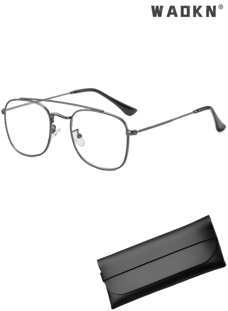 WAOKN Double Bridge Blue Light Blocking Glasses, Full Rim Metal Frame, PC Anti Blue Light Lenses, Prescription Ready Retro Large Optical Frame for Men Women, Anti Eyestrain Computer Gaming Office Eyewear | Black & Gunmetal, grey - Image 1