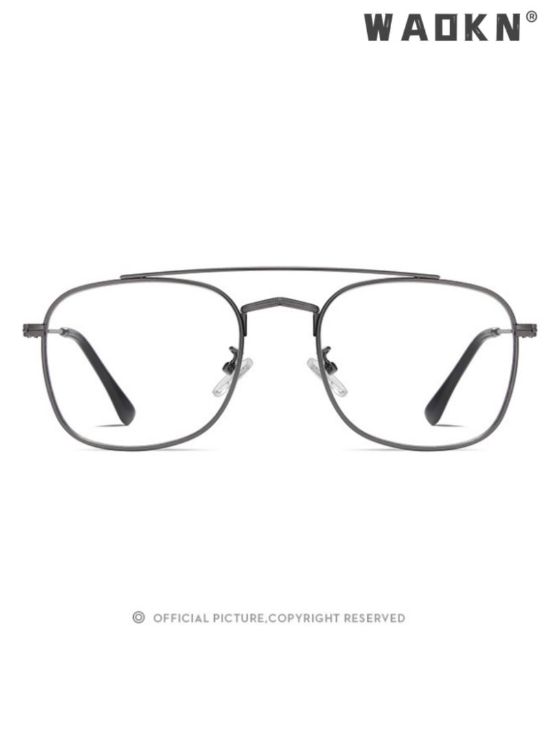 WAOKN Double Bridge Blue Light Blocking Glasses, Full Rim Metal Frame, PC Anti Blue Light Lenses, Prescription Ready Retro Large Optical Frame for Men Women, Anti Eyestrain Computer Gaming Office Eyewear | Black & Gunmetal, grey - Image 3
