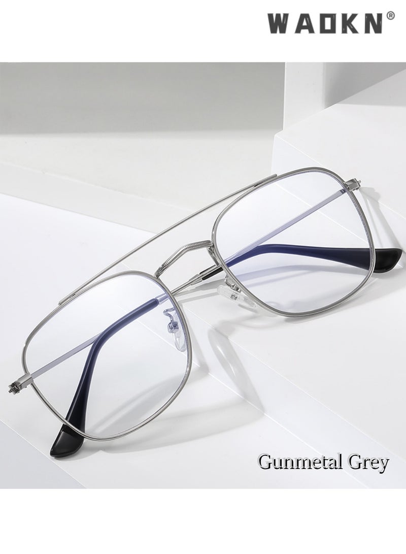 WAOKN Double Bridge Blue Light Blocking Glasses, Full Rim Metal Frame, PC Anti Blue Light Lenses, Prescription Ready Retro Large Optical Frame for Men Women, Anti Eyestrain Computer Gaming Office Eyewear | Black & Gunmetal, grey - Image 5