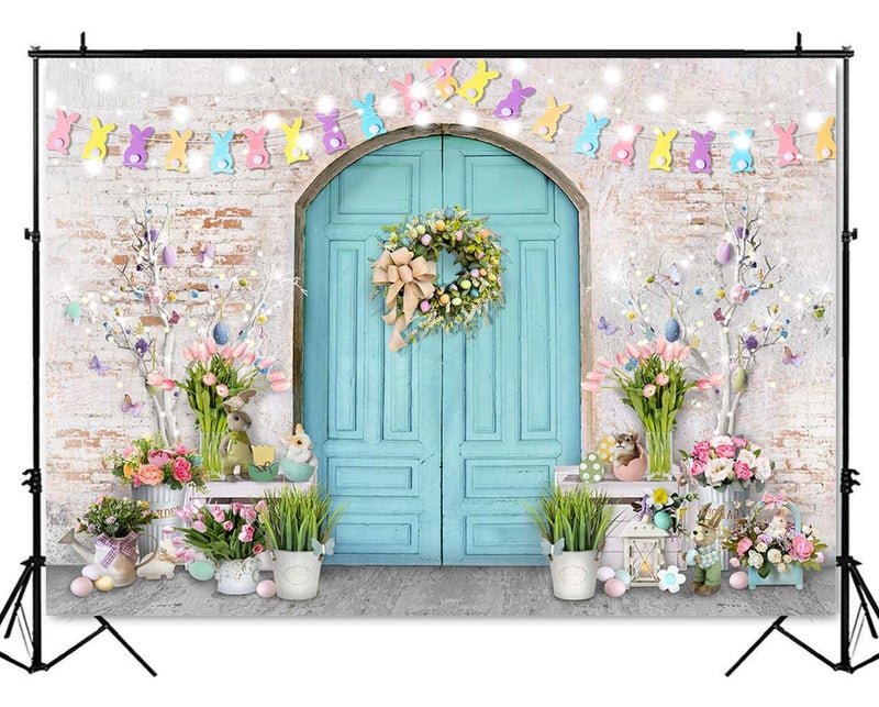 Mocsicka Easter Backdrop Blue Wooden Doors Brick Wall Bunny Rabbit Spring Photography Backdrops Easter Day Party Decorations Photo Background Photo Studio Props (7x5ft (82x60 inch)) - Image 4