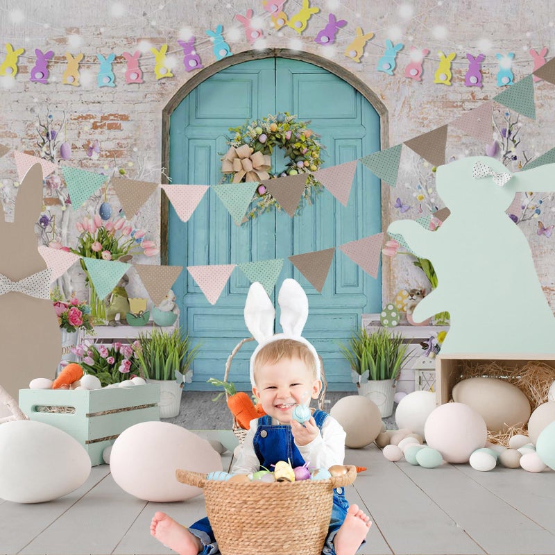 Mocsicka Easter Backdrop Blue Wooden Doors Brick Wall Bunny Rabbit Spring Photography Backdrops Easter Day Party Decorations Photo Background Photo Studio Props (7x5ft (82x60 inch)) - Image 3