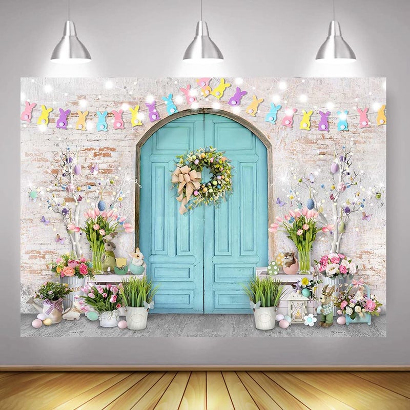 Mocsicka Easter Backdrop Blue Wooden Doors Brick Wall Bunny Rabbit Spring Photography Backdrops Easter Day Party Decorations Photo Background Photo Studio Props (7x5ft (82x60 inch)) - Image 5