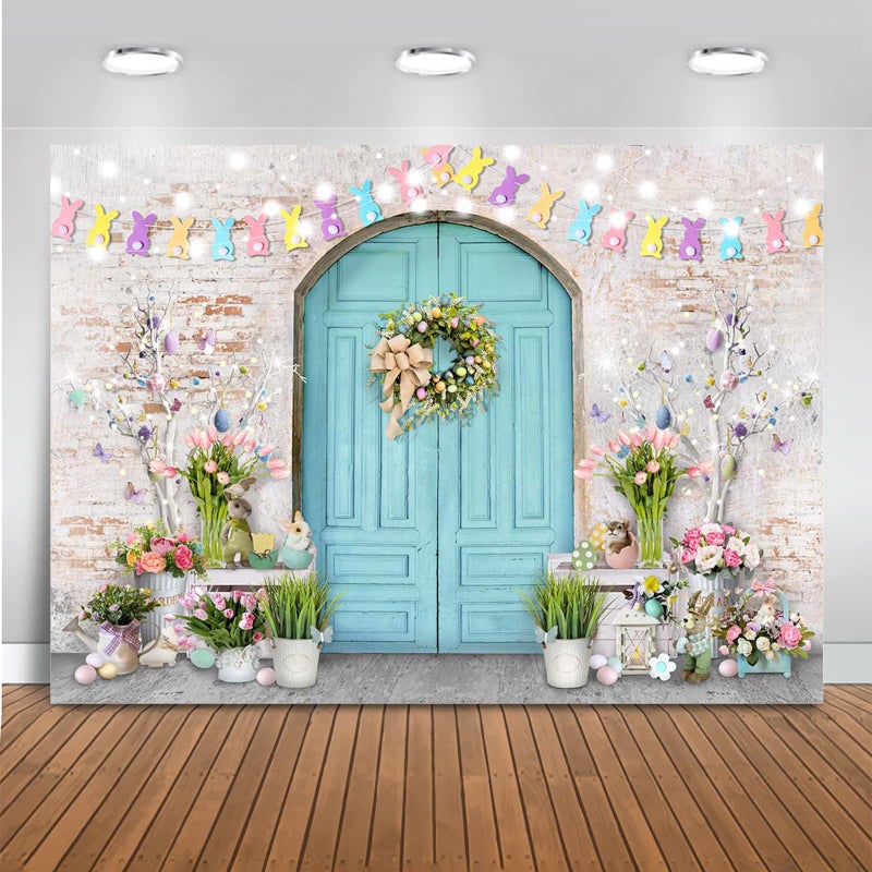 Mocsicka Easter Backdrop Blue Wooden Doors Brick Wall Bunny Rabbit Spring Photography Backdrops Easter Day Party Decorations Photo Background Photo Studio Props (7x5ft (82x60 inch)) - Image 1