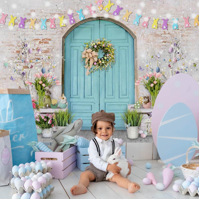 Mocsicka Easter Backdrop Blue Wooden Doors Brick Wall Bunny Rabbit Spring Photography Backdrops Easter Day Party Decorations Photo Background Photo Studio Props (7x5ft (82x60 inch)) - Image 2