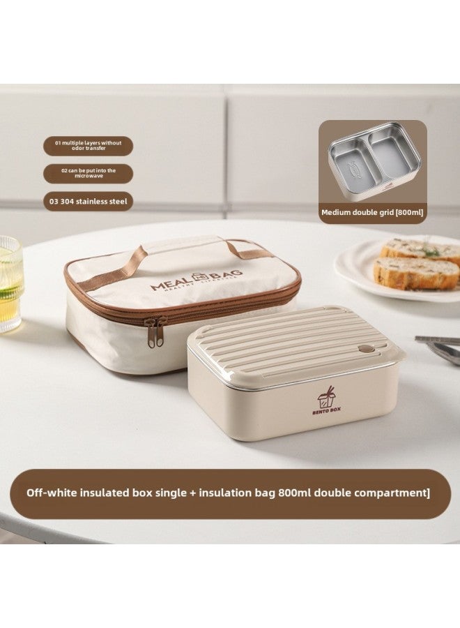 Large Capacity Microwave Preservation Box Lunch Box Heating Student Lunch Box Stainless Steel Lunch Box Office Tape-Specifications:White 800ml*1+tableware+insulation Bag - Image 1