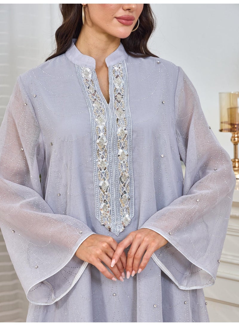 Kaiyuede Abaya Daily Light Gray Beaded Lace Rhinestone Polyester Flare Sleeve Opaque Lined Modest S-XL - Image 3
