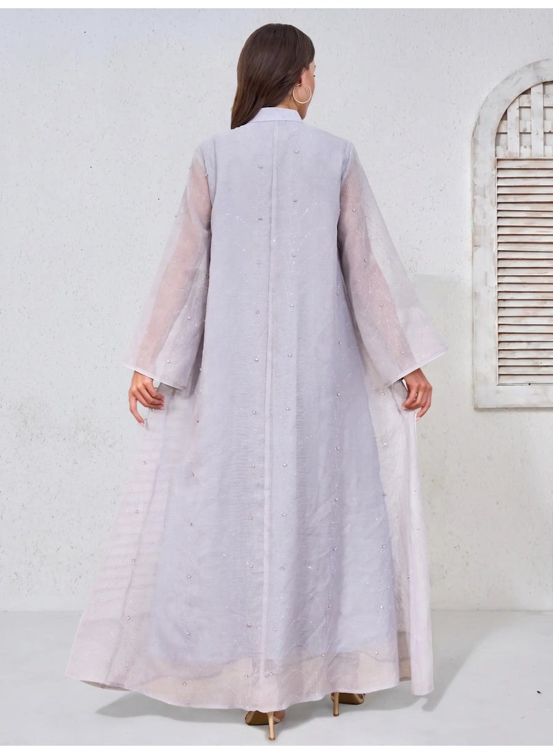 Kaiyuede Abaya Daily Light Gray Beaded Lace Rhinestone Polyester Flare Sleeve Opaque Lined Modest S-XL - Image 2