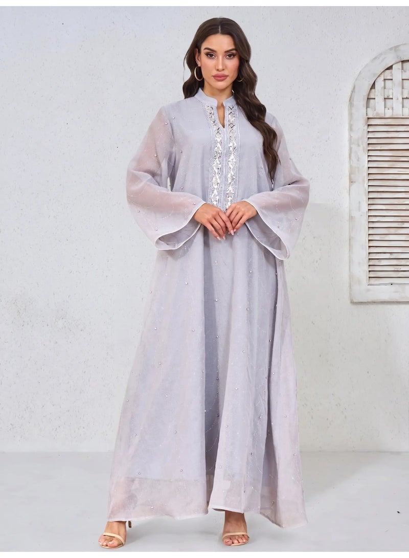 Kaiyuede Abaya Daily Light Gray Beaded Lace Rhinestone Polyester Flare Sleeve Opaque Lined Modest S-XL - Image 4