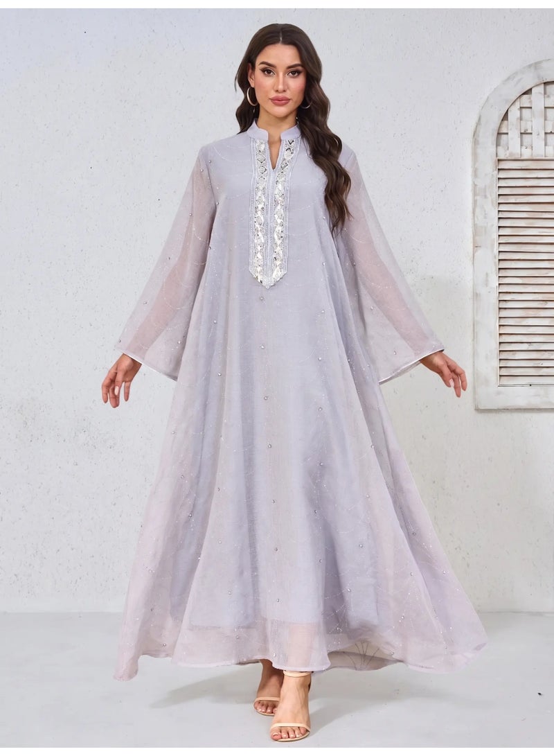 Kaiyuede Abaya Daily Light Gray Beaded Lace Rhinestone Polyester Flare Sleeve Opaque Lined Modest S-XL - Image 1