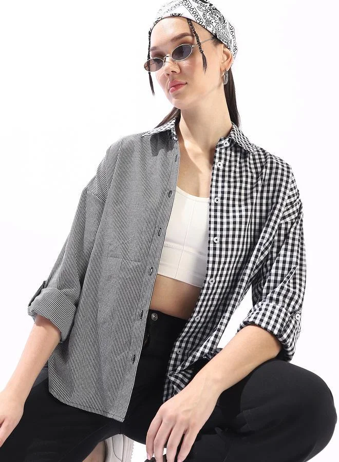 هاي ستار قميص نسائي أسود قطن % كاروهات بأزرار مقاس كبير