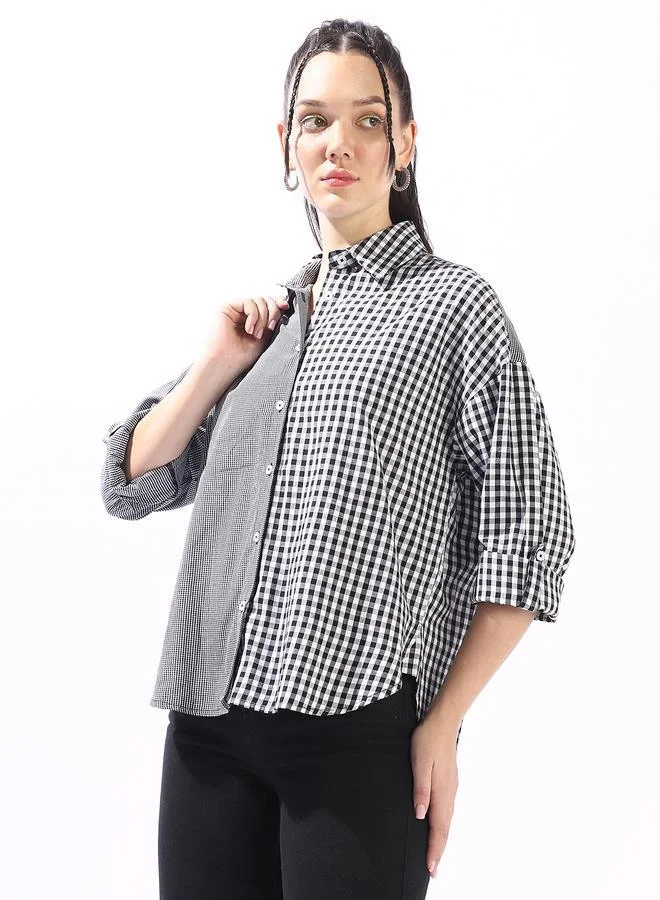 HIGH STAR Women's Black 100% Cotton Checkered Button Down Oversized Shirt