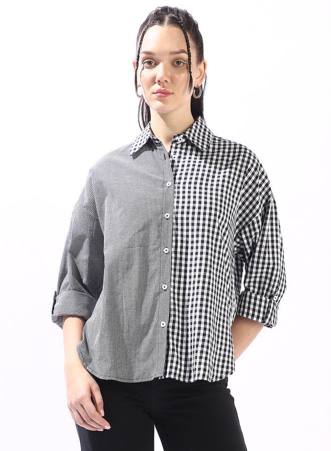 HIGH STAR Women's Black 100% Cotton Checkered Button Down Oversized Shirt - Image 5