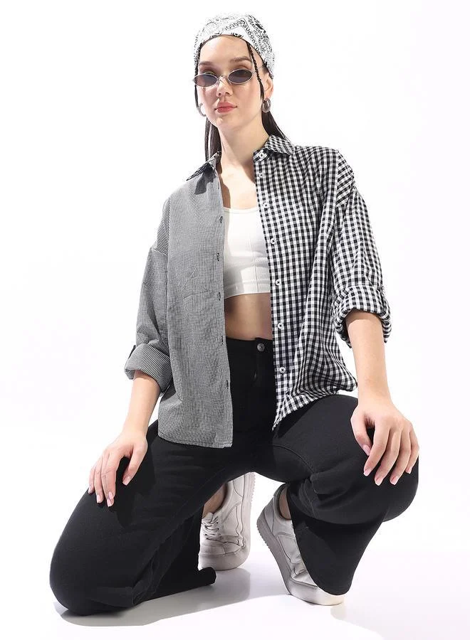 HIGH STAR Women's Black 100% Cotton Checkered Button Down Oversized Shirt