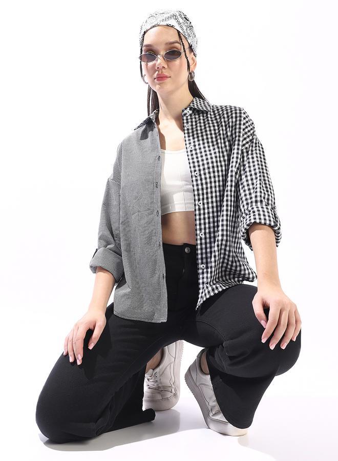 HIGH STAR Women's Black 100% Cotton Checkered Button Down Oversized Shirt - Image 2