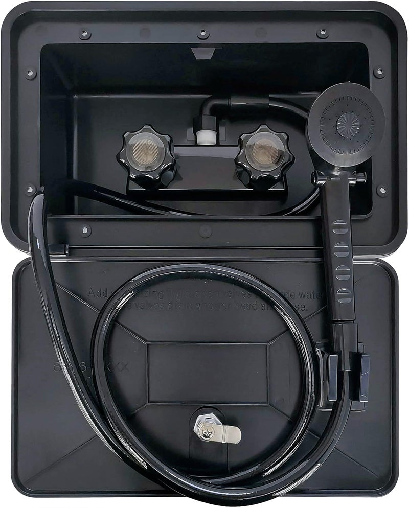 DSRTLP RV Exterior Shower Box Outdoor Camper Trailer Shower Kit with Shower Faucet Shower Head and Hose wall box portable use for Camper Van Travel Trailer Motorhome and Boat (Black) - Image 1