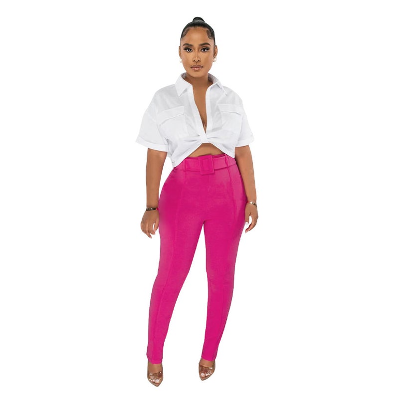 K10447 Fashion Women's 2023 New Shirt Pants Set with Belt Contrast Color Two-piece Set - Image 1