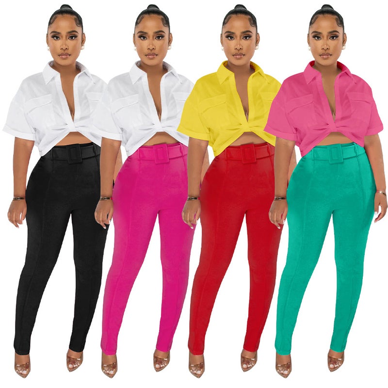 K10447 Fashion Women's 2023 New Shirt Pants Set with Belt Contrast Color Two-piece Set - Image 2