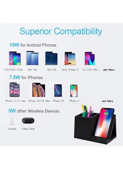 Fast Wireless Charger with Desk Organizer, Desk Phone Charger Compatible with 13/13 Pro/13 Pro Max/13 Mini/SE /12/11/XS/8 Plus, Galaxy S21/S20+/S10/Note 10/Note 9/(No AC Adapter)