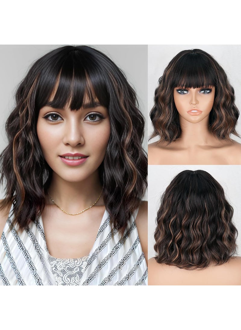 MISSQUEEN MISSQUEEN Black Mixed Brown Wigs Short Wavy Curly Wig with Bangs Shoulder Length Synthetic Hair Wigs Heat Resistant Fiber Wig for Daily Party Black Mixed Brown 