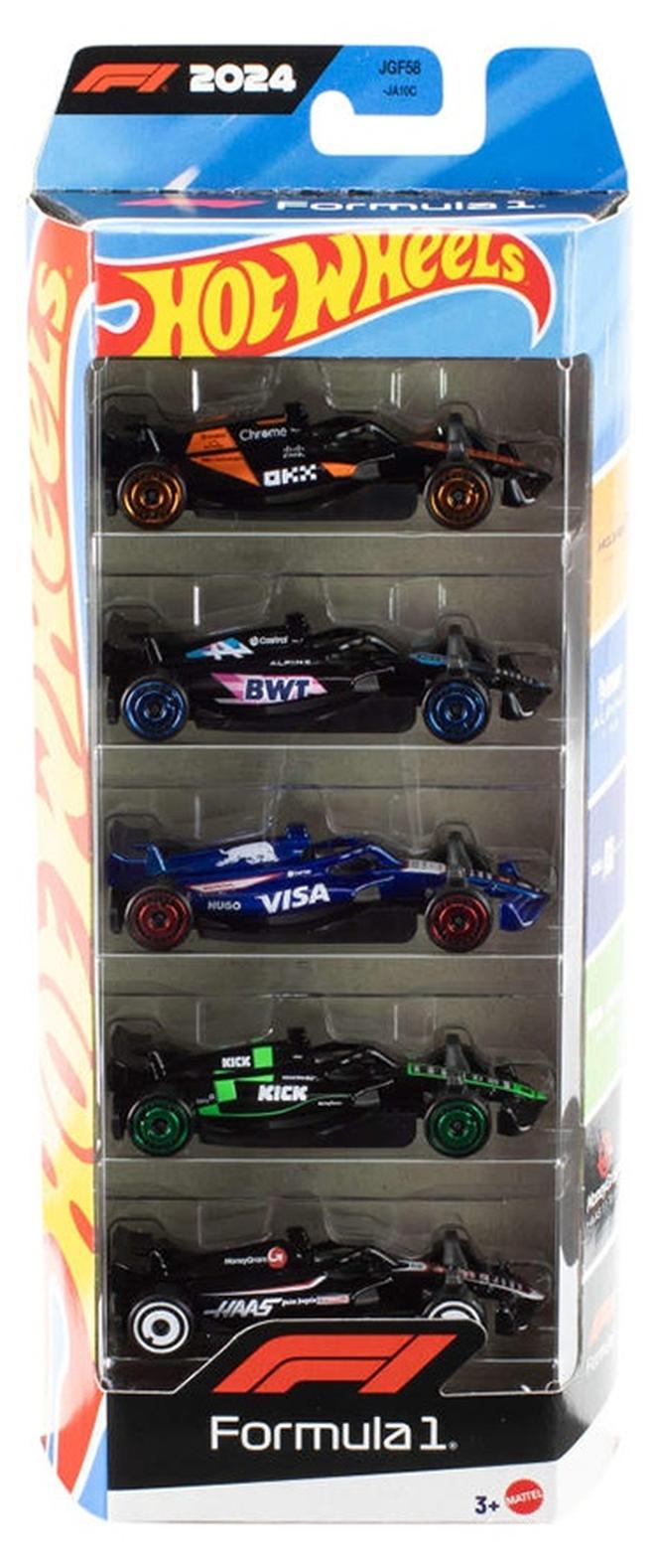 Hot Wheels سيارات ألعاب فورمولا 1 - مجموعة 5 سيارات، مجموعة من 5 سيارات مصنوعة بتقنية الصب 1:64 مزينة بشعارات فرق سباق الفورمولا 1، سيارات سباق قابلة للجمع - Image 1