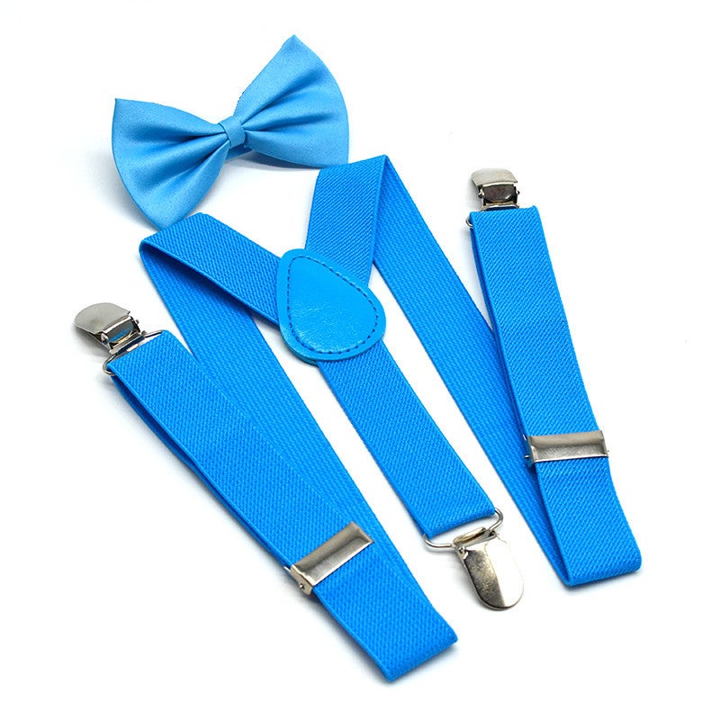 Boys and girls universal solid color 3-clip Y-strap bow tie set, children's sling + bow tie baby two-piece set (red, black, navy blue) - Image 2