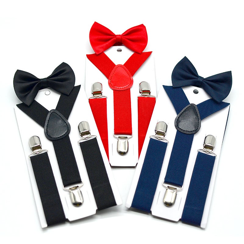 Boys and girls universal solid color 3-clip Y-strap bow tie set, children's sling + bow tie baby two-piece set (red, black, navy blue) - Image 1