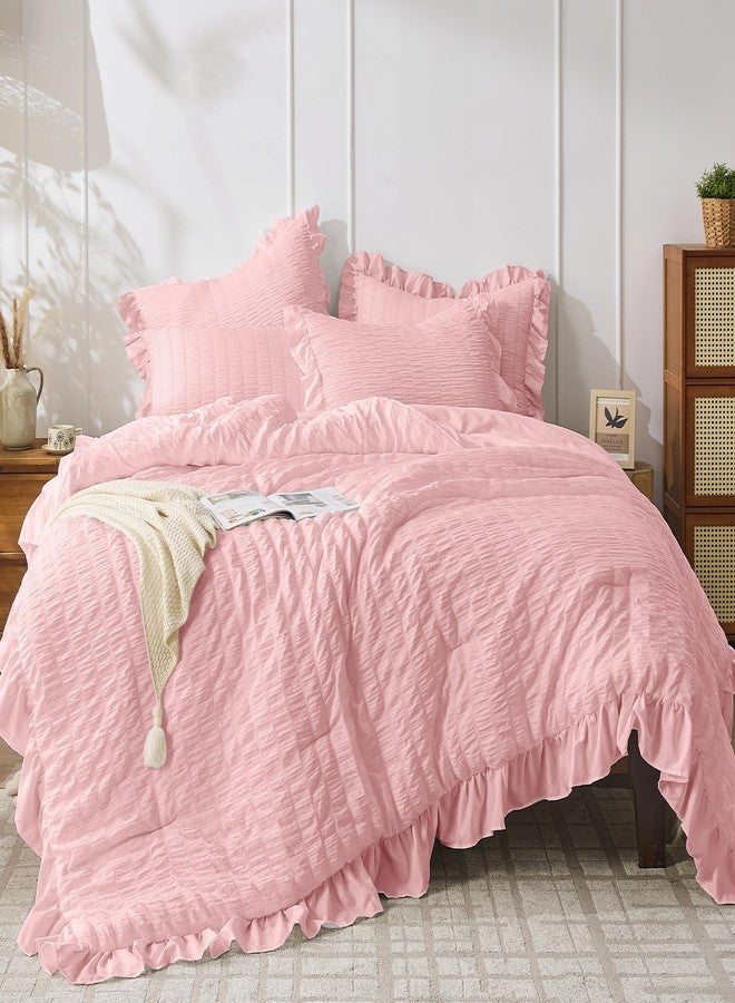 جولي فوغ طقم لحاف جولي فوغ الوردي المزدوج، قطعتان من قماش السيرسيكر الخفيف والمنفوش، لحاف مزدوج بكشكشة، طقم سرير أنيق من الألياف الدقيقة الناعمة مناسب لجميع الفصول - Image 1