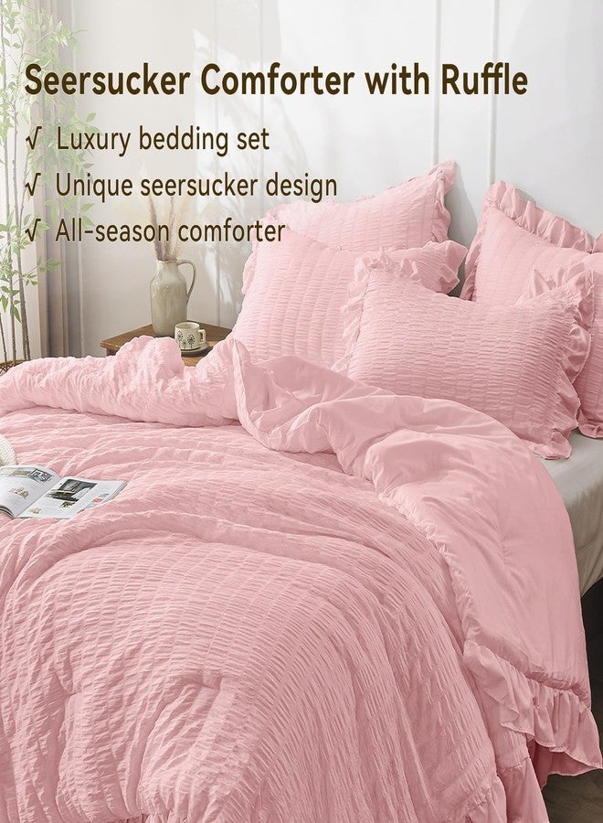 جولي فوغ طقم لحاف جولي فوغ الوردي المزدوج، قطعتان من قماش السيرسيكر الخفيف والمنفوش، لحاف مزدوج بكشكشة، طقم سرير أنيق من الألياف الدقيقة الناعمة مناسب لجميع الفصول - Image 3